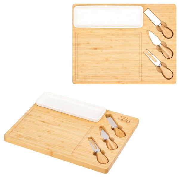 HST14110 Solara Bamboo Cheese Board Knife and Tray Set With Custom Imprint